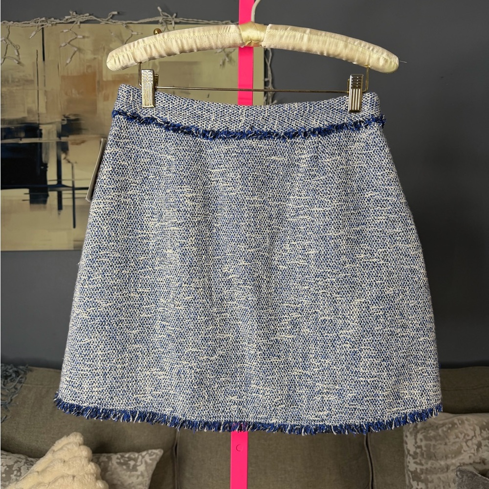 Zara Tweed Mini Skirt Blue White Button Front Frayed Hem Size Medium NWT 💛 - Picture 5 of 7